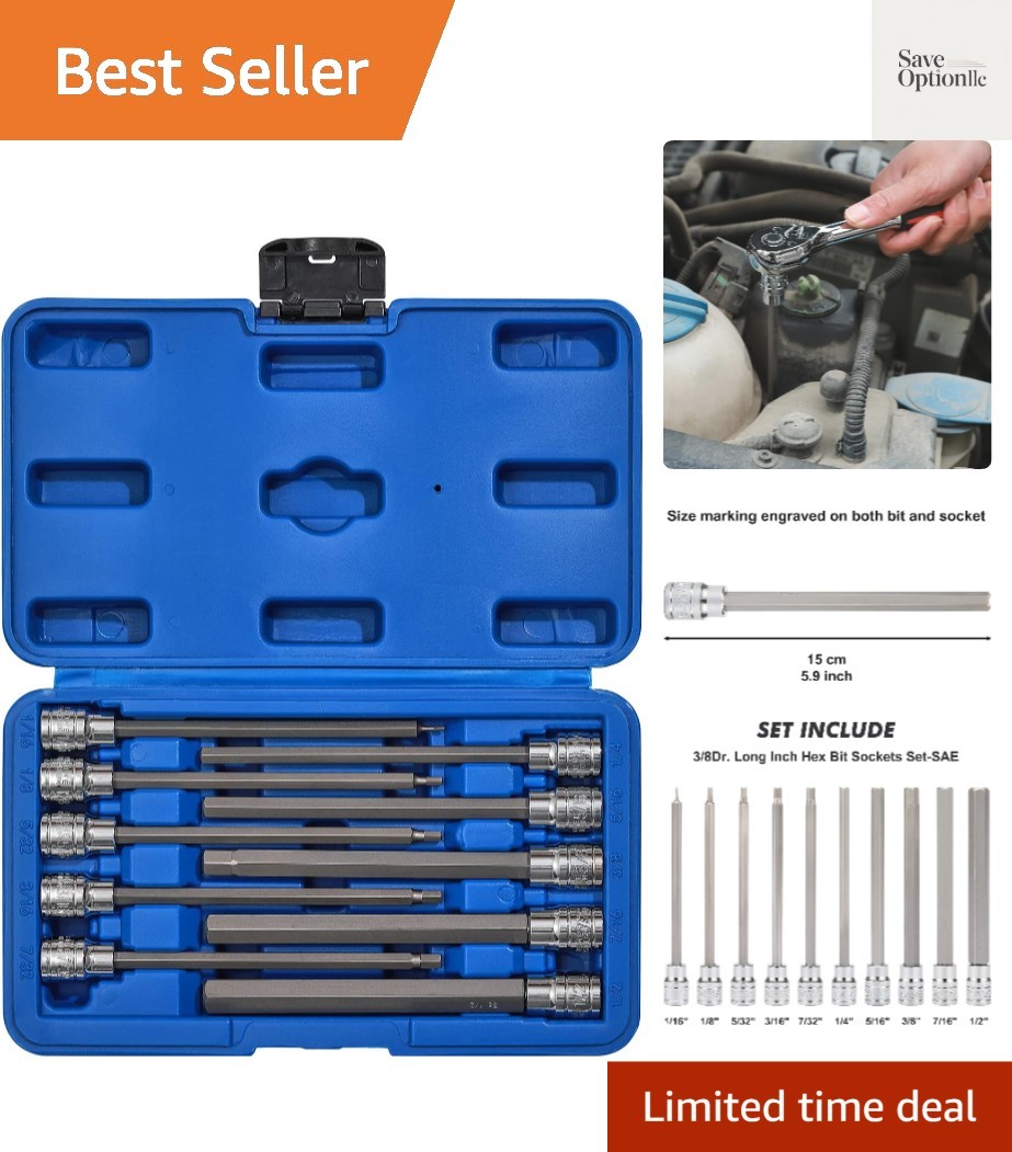10 Pieces 3/8 Inch Drive Long Hex Bit Socket Set, 1/16 Inch to 1/2 Inch, SAE,…