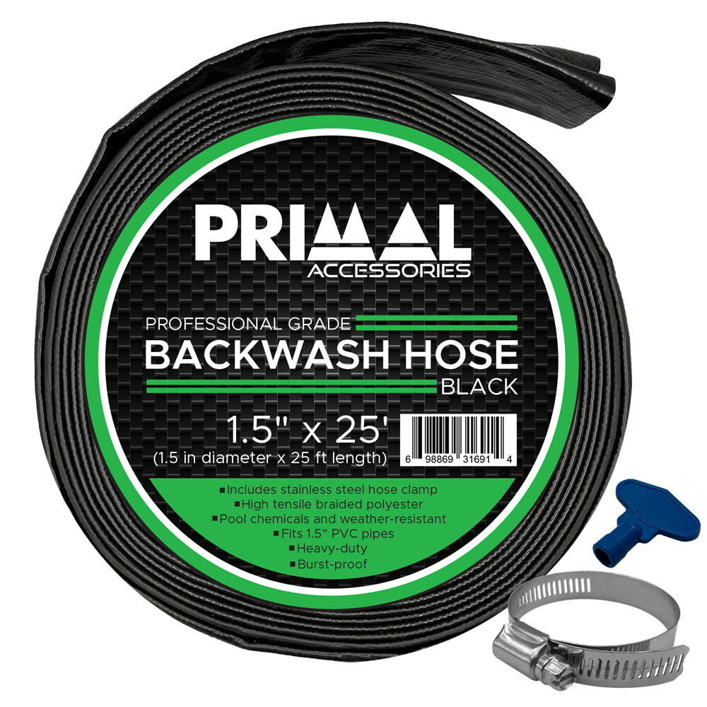 Primal Accessories Backwash Hose 1.5 in x 25 ft Black Commercial Grade 43.5 psi