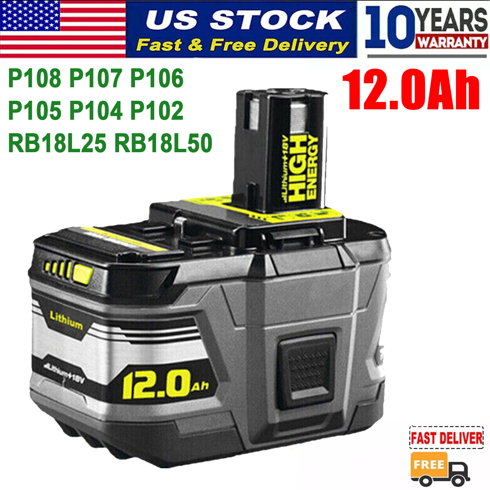 12.0Ah For RYOBI 18V P108 18 Volt High Capacity Battery Lithium-Ion RB18L60 P107