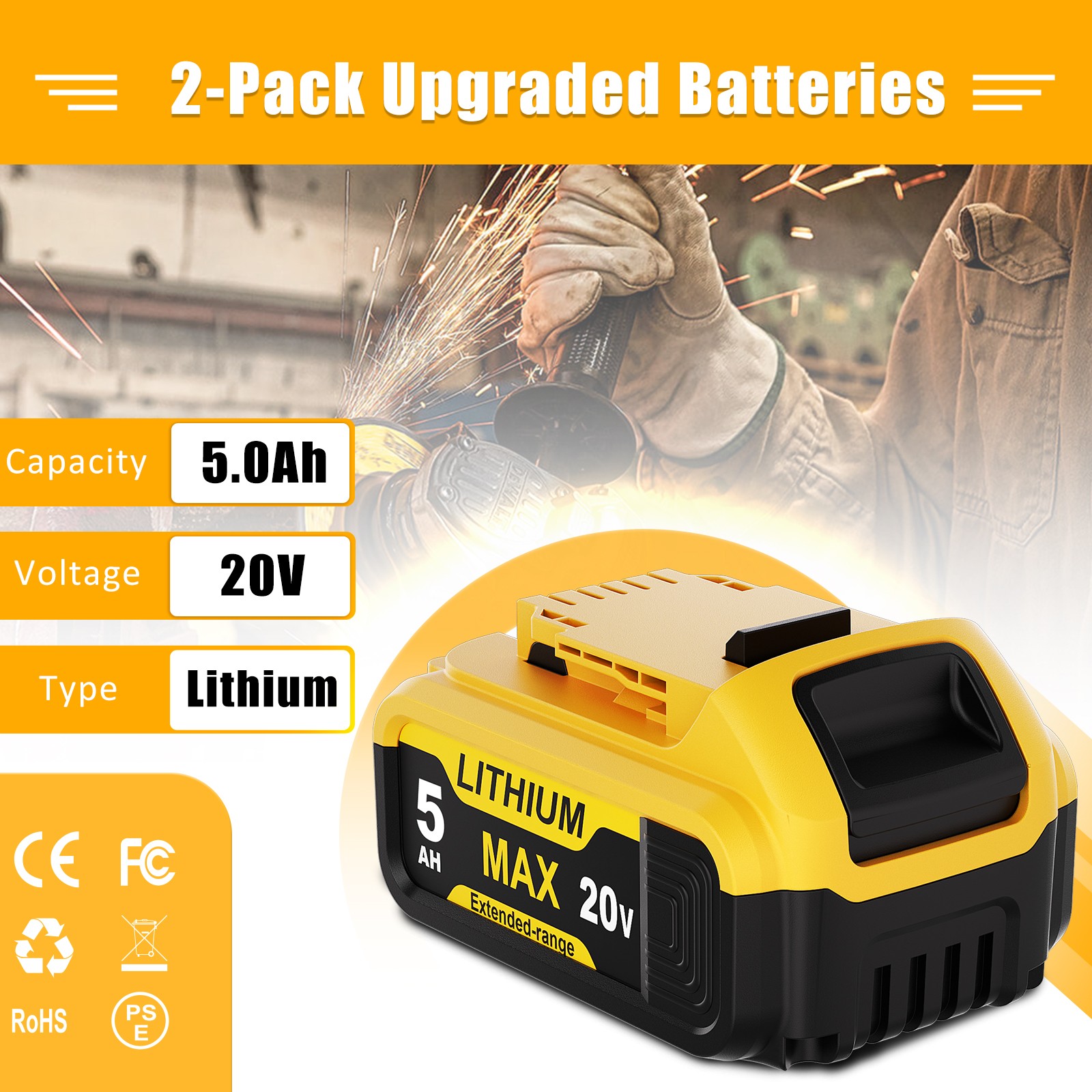 1-2PACK 20V 5.0AH For DeWalt 20 Volt Max Li-Ion Battery DCB206-2 DCB205-2 DCB200