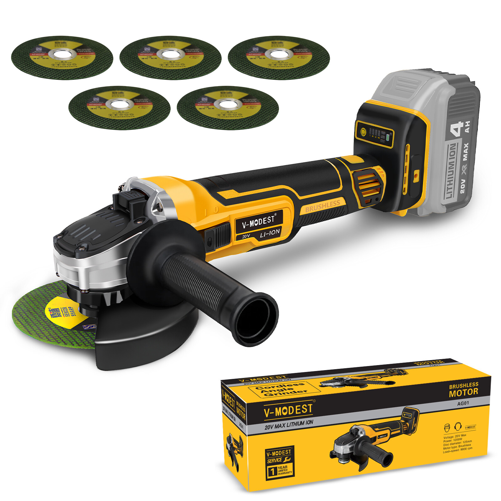 Cordless Angle Grinder For Dewalt 20V Battery 4-1/2″ to 5″ w/5 cutting blade