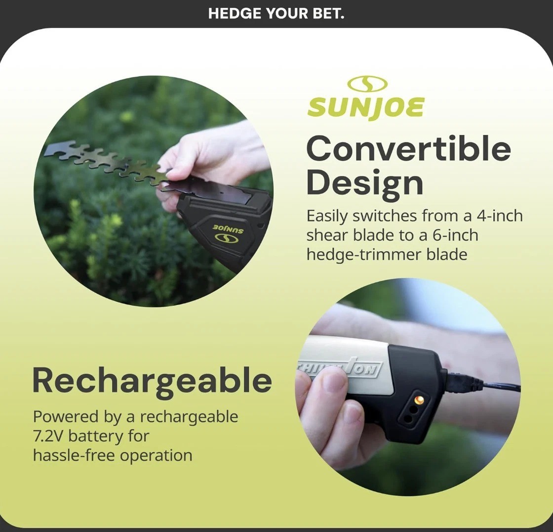 Sun Joe 2-in-1 Cordless Grass Shear+Shrubber Handheld Trimmer-7.2V (Refurbished)