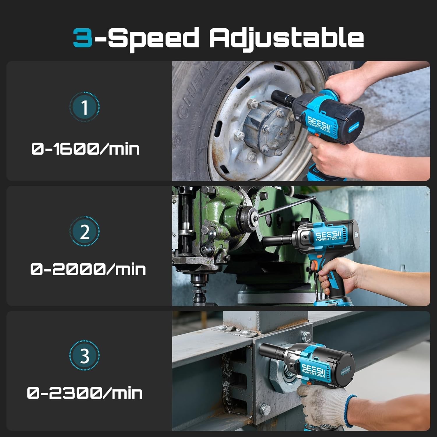 SEESII 1/2″ Impact Wrench Cordless 1180 Ft-lb Auxiliary Handle 2X4000MAH 2300RPM