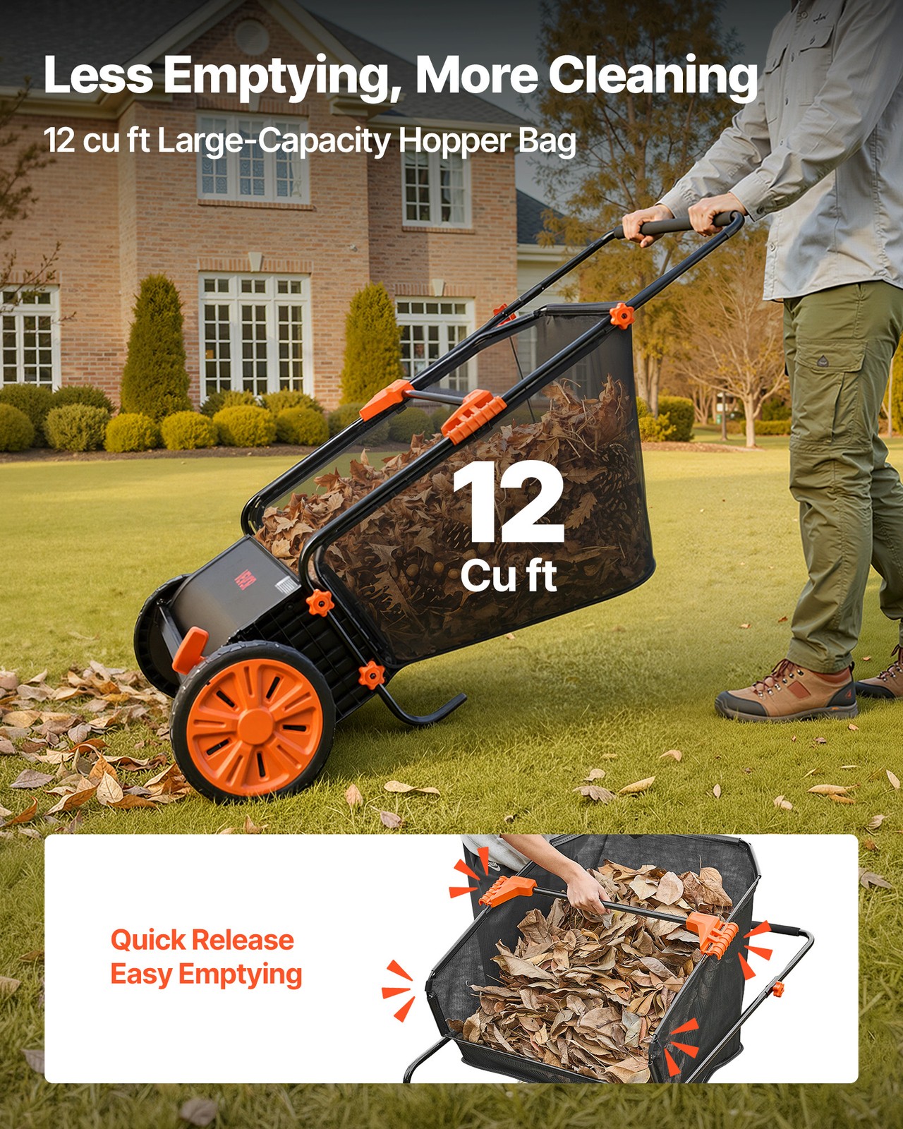 VEVOR Push Lawn Sweeper 30 in Leaf & Grass Collector 12 cu. ft. Hopper Bag