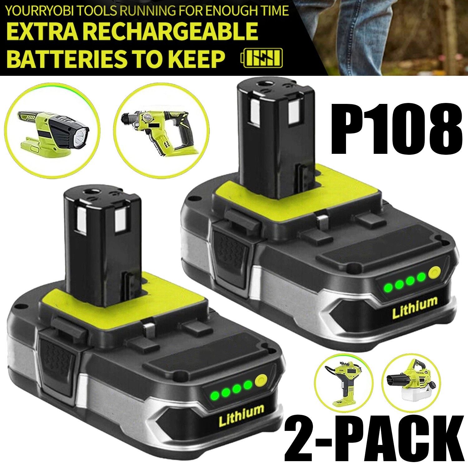 2PACK 4.0Ah For RYOBI 18V Battery /Charger One Plus High Capacity P109 Lithium