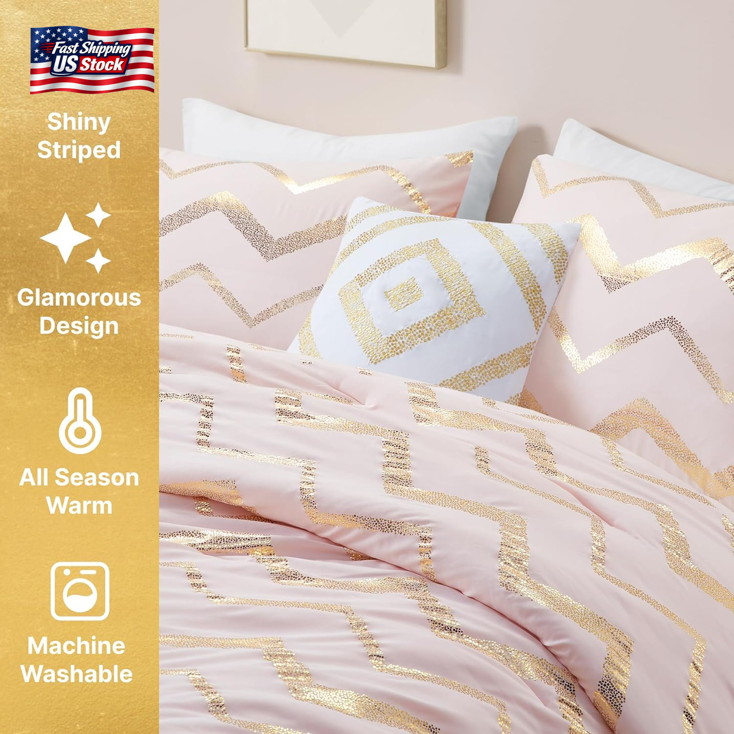 Codi Twin Comforter Set for Teens and Adults, 3-Piece Pink and Gold Bedding, War