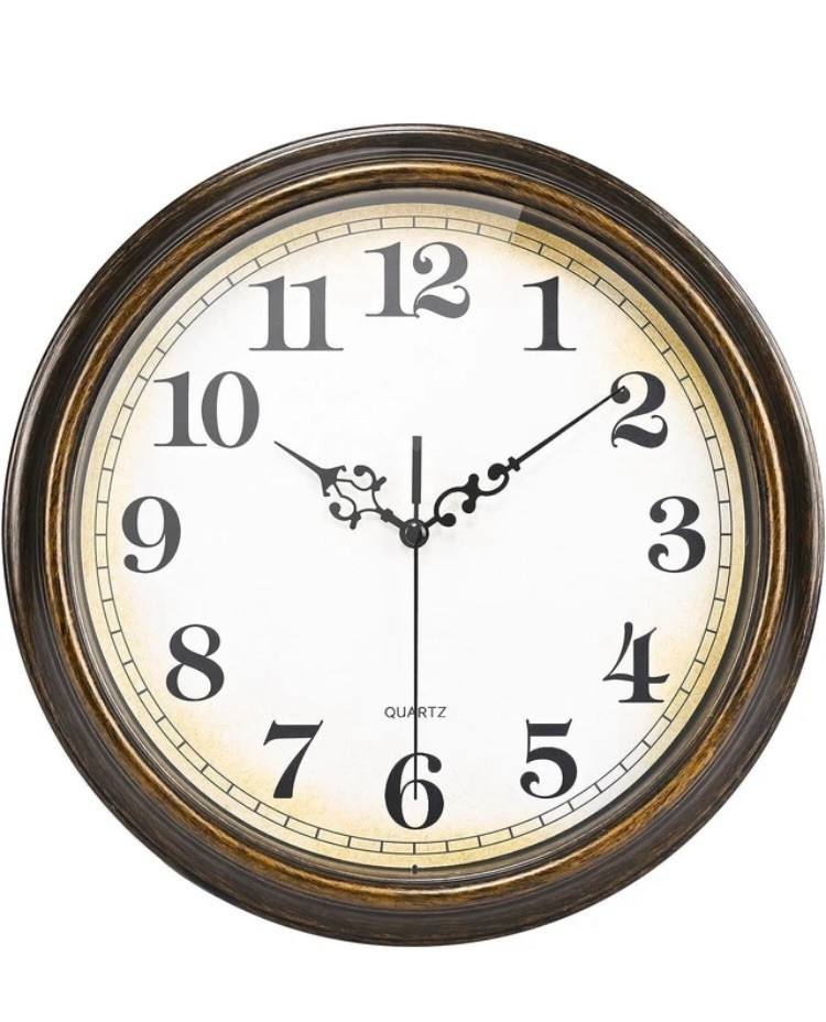 12 in Round Analog Quartz Hanging Wall Clock, Brown Frame, Arabic Numerals
