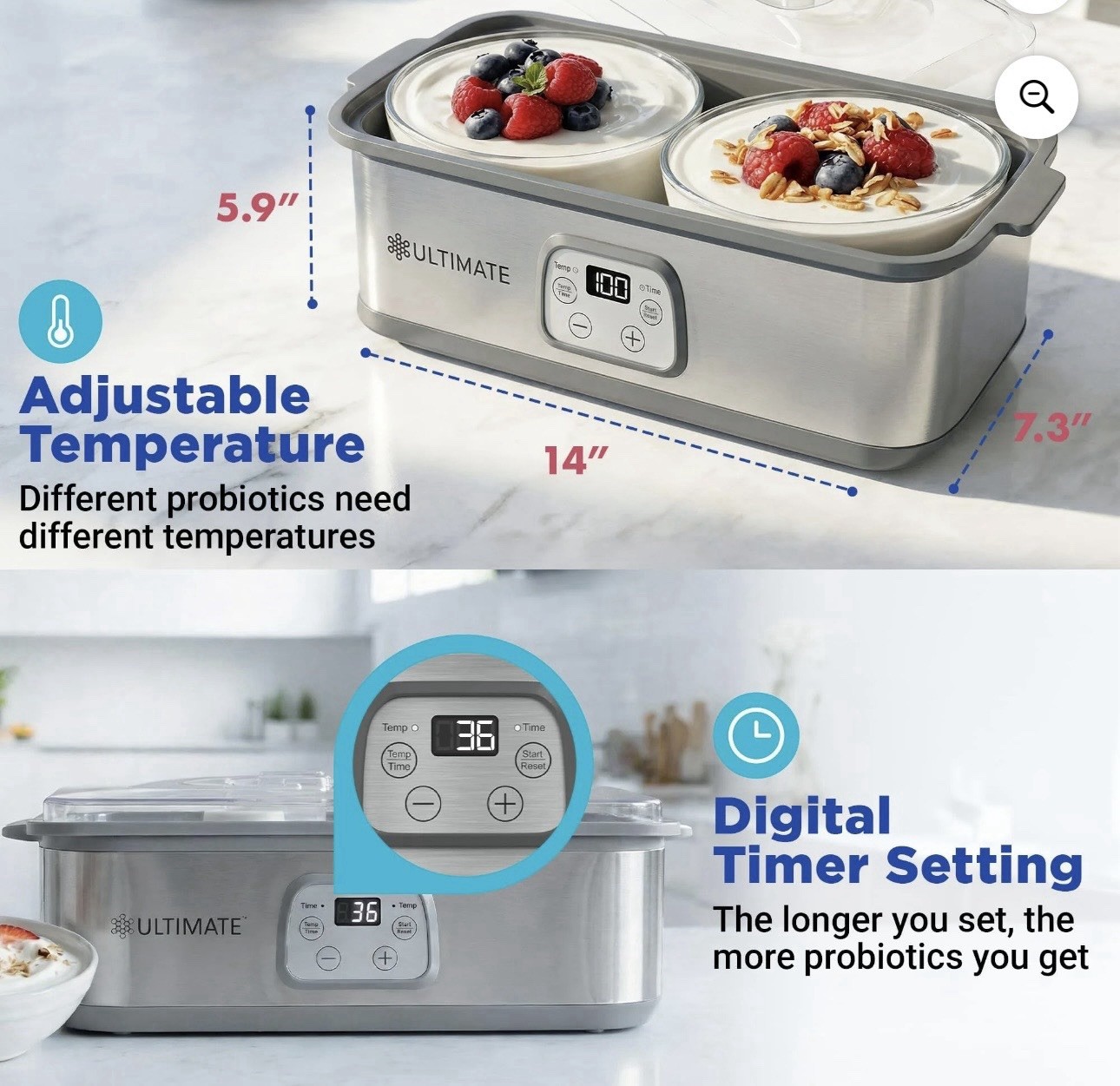 Ultimate Probiotic Yogurt Maker with Adjustable Temperature & Time (2 bowls)