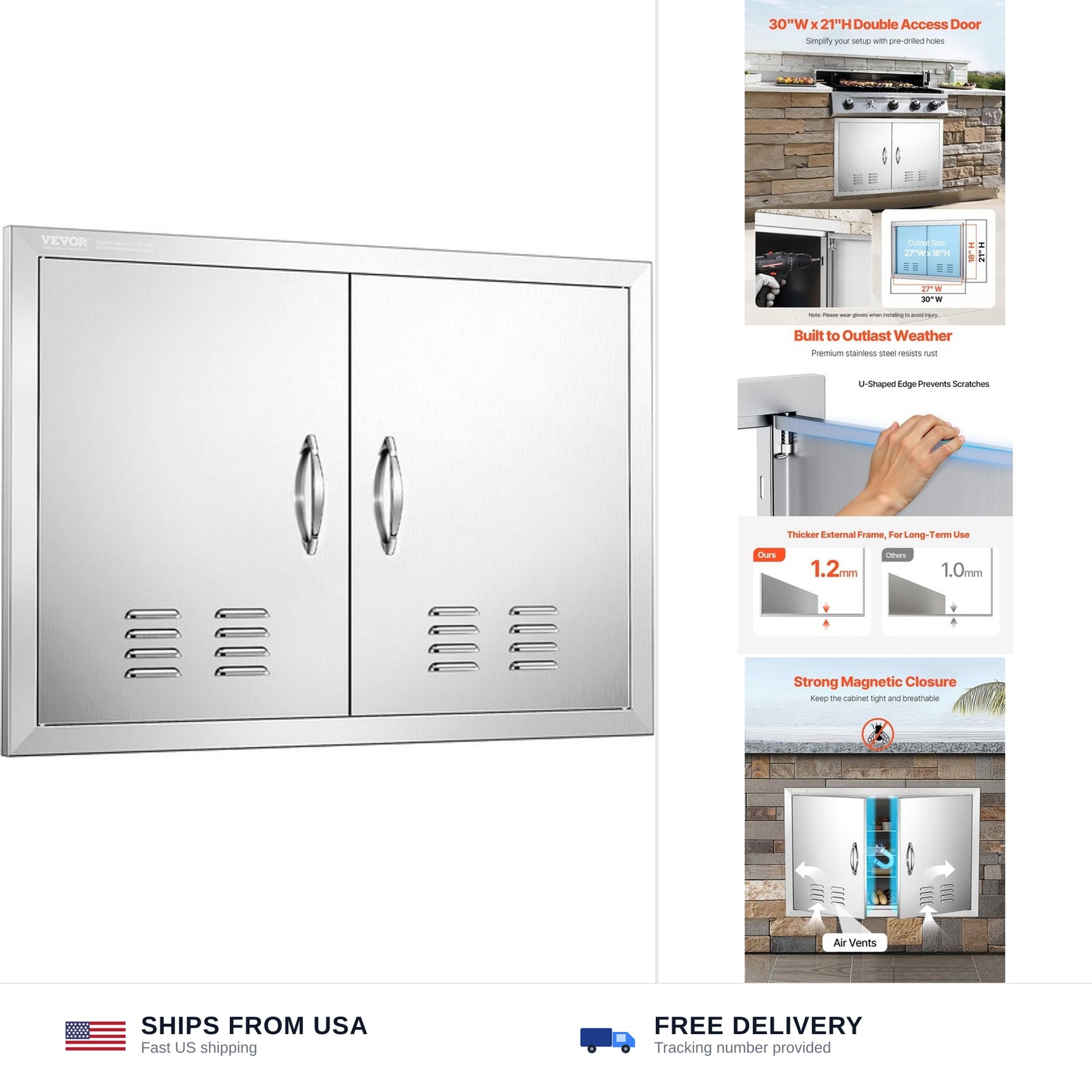 VEVOR Outdoor Kitchen Doors, 30W x 21H Inch, 304 Stainless Steel Double Doors…