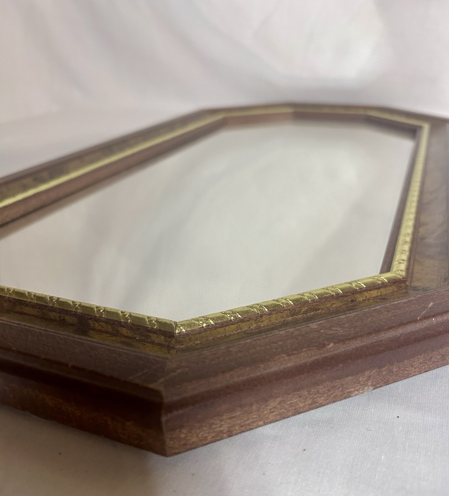 Vintage Vanity Octagon Wall Mirror, Brown Wood Frame with Gold Trim, Wall Mount