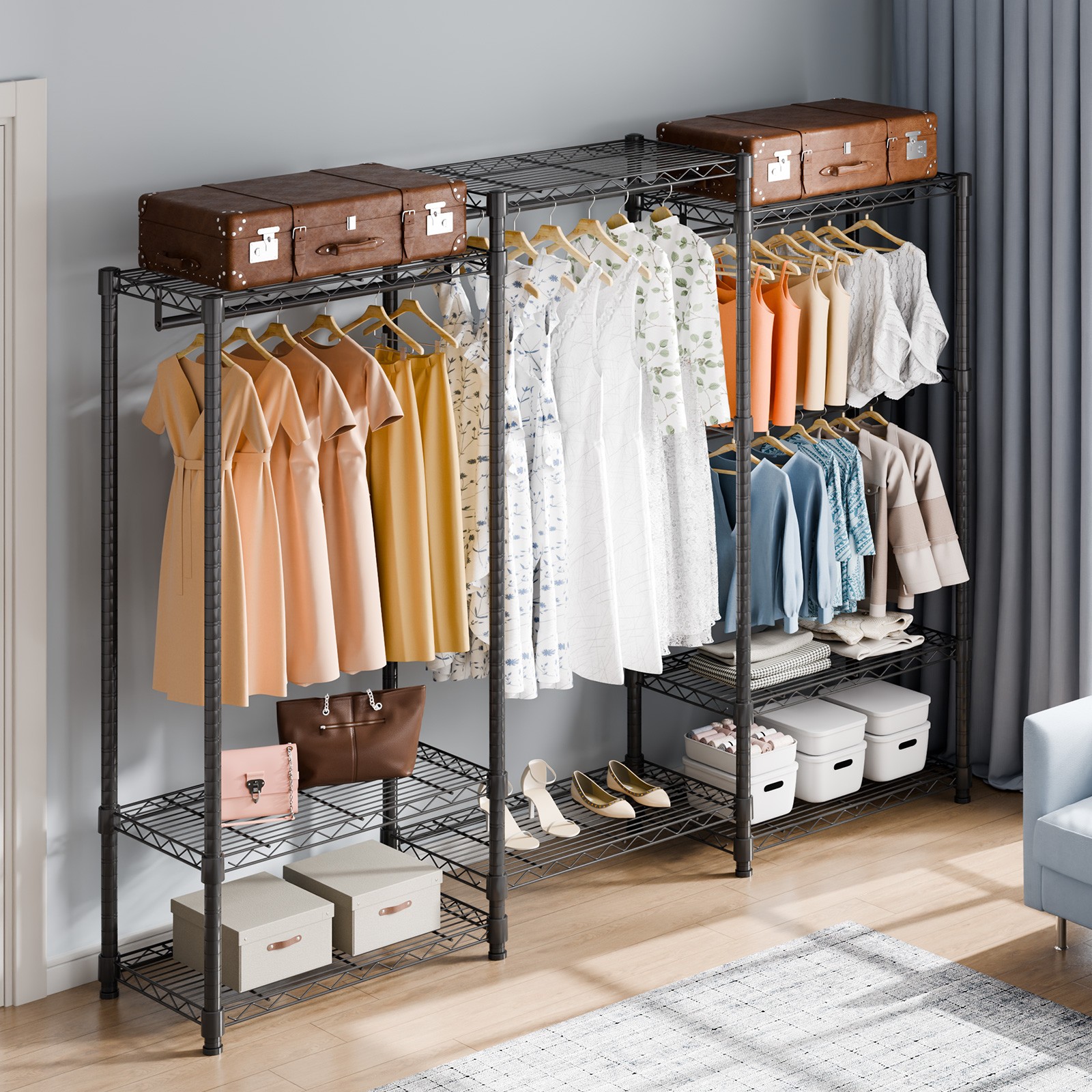 VEVOR Clothes Rack Rolling Clothing Garment Rack 4 Hang Rods & 8 Storage Tiers
