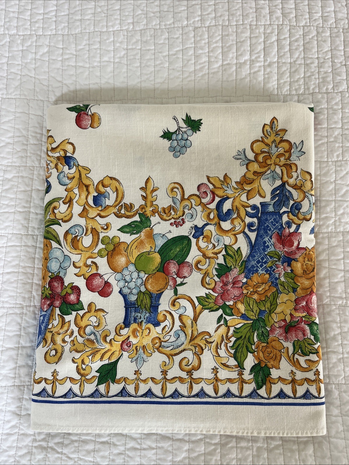 Renaissance-style Rectangular TABLECLOTH SCROLL & FRUITS 60x 78”