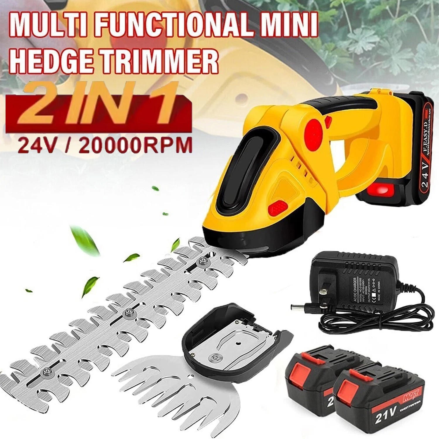 24V Hedge Trimmer Cordless Grass Shear Handheld Grass Trimmer with 2* Battery
