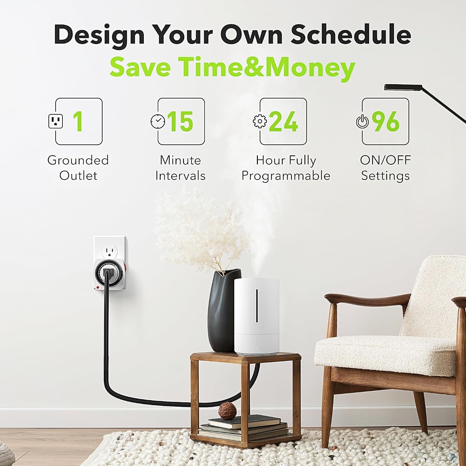 Compact Heavy-Duty Indoor Timer with 3-Prong Plug and 96 Programmable Slots