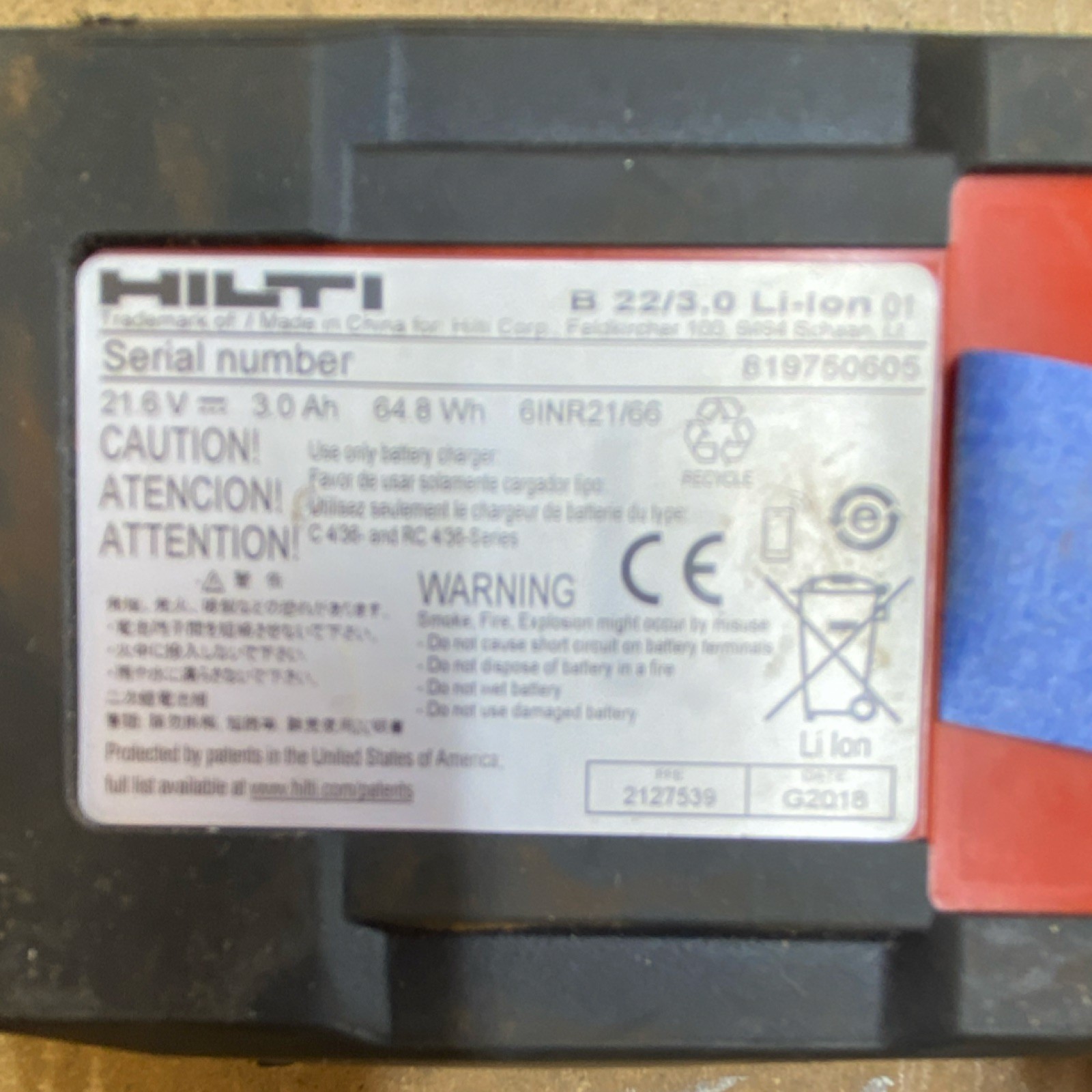 Hilti B 22/3.0 Li-Ion 21.6V 3.0Ah Power Tool Battery Red 819750605 2127539