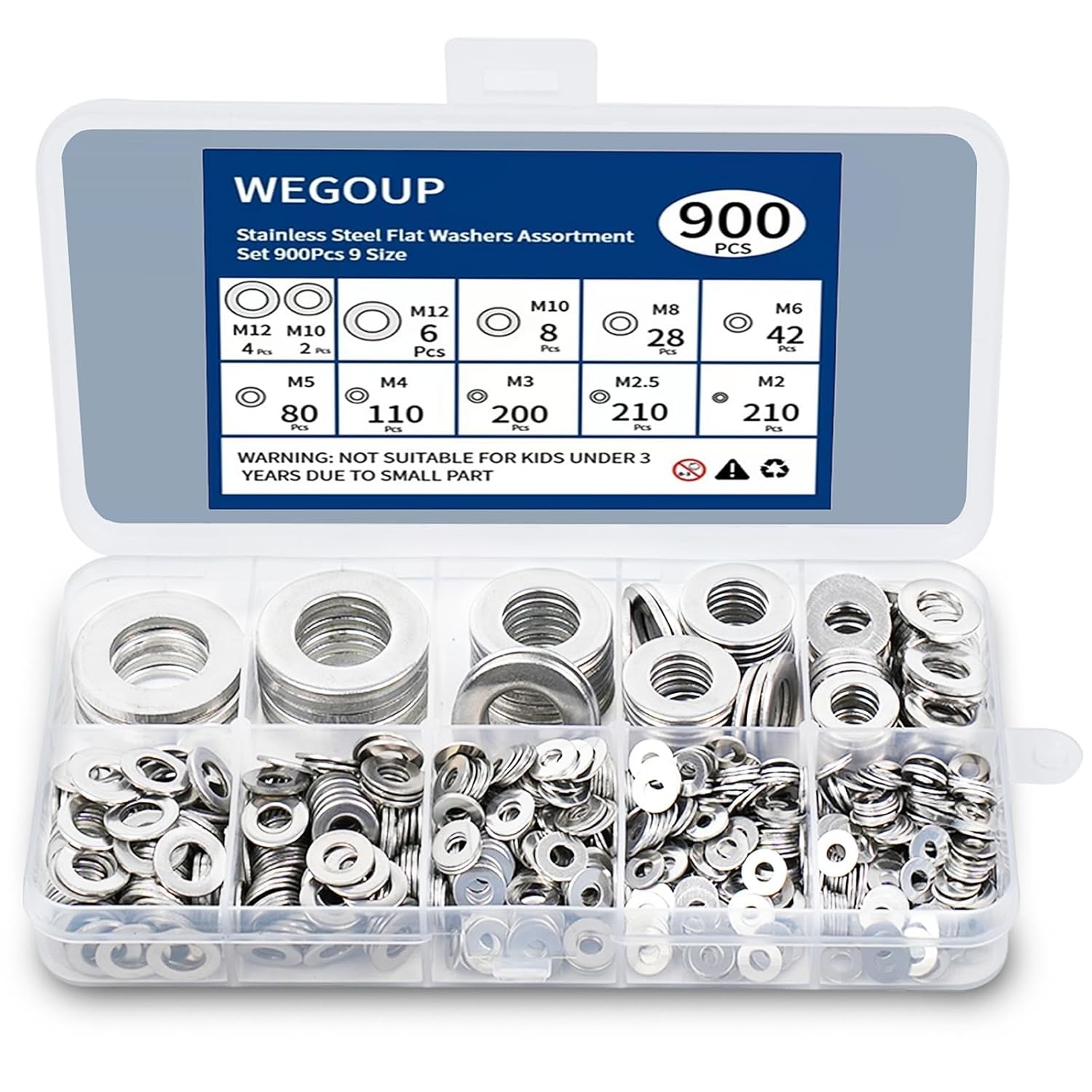 900 Pcs Stainless Steel Flat Washers for Screws, 304 9 Sizes 900