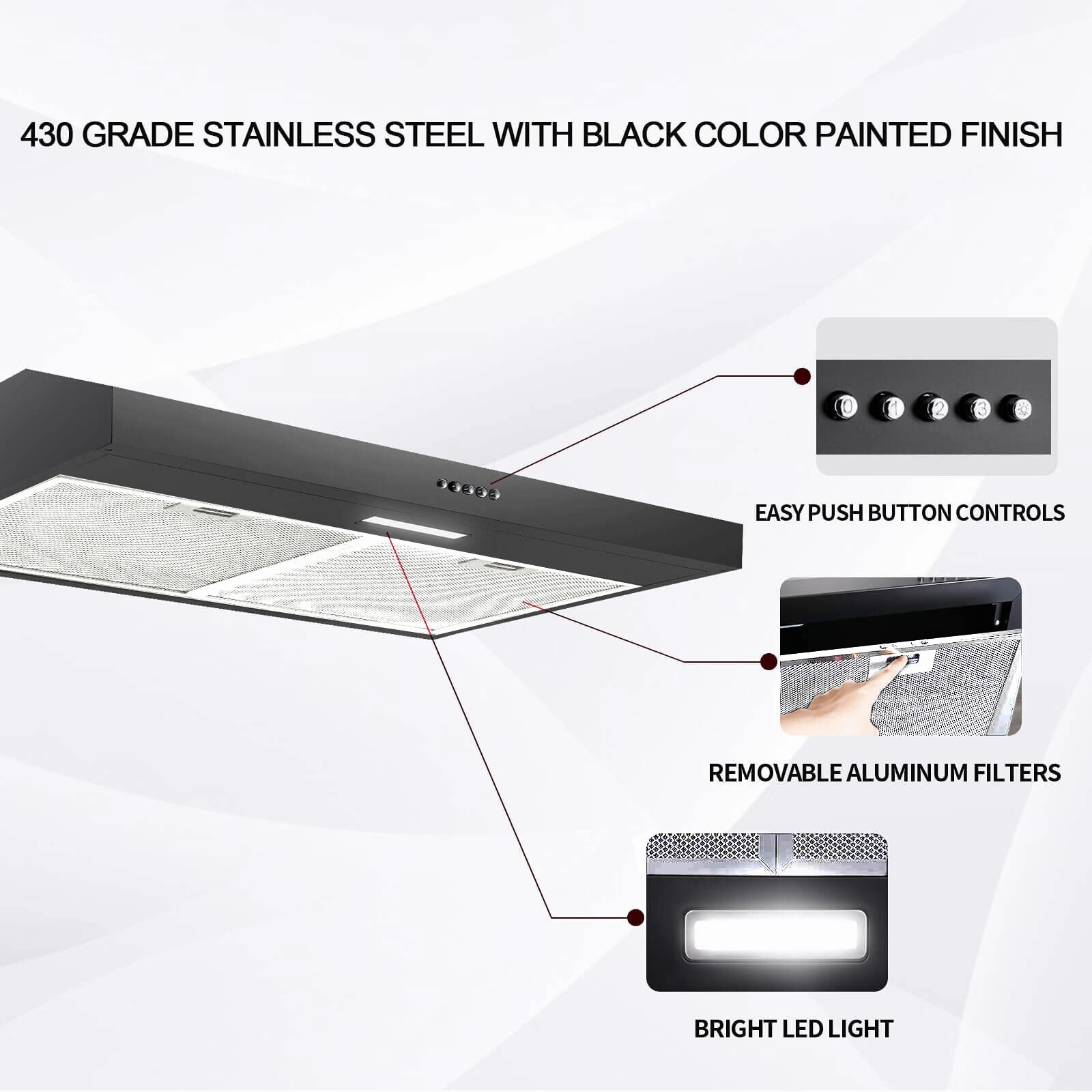 30in SNDOAS Under Cabinet Range Hood Stainless Steel 230CFM Kitchen Vented Black
