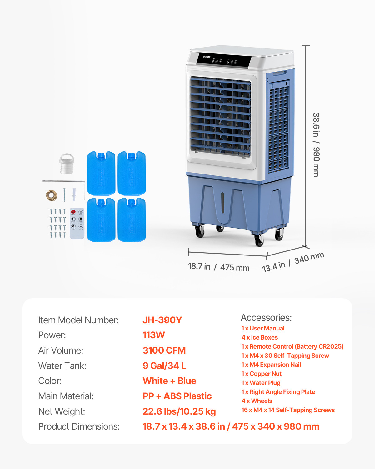 VEVOR Evaporative Air Cooler 3100 CFM with 9 Gallon Water Tank Portable Swamp