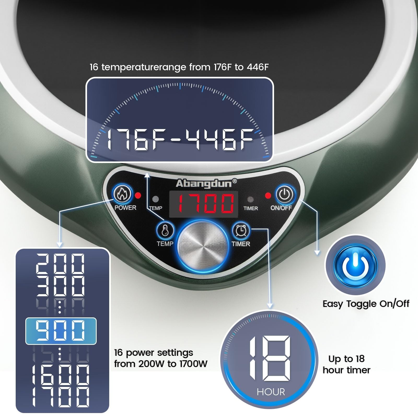 Abangdun 1700W 100V~185V Induction Cooktop Concave Wok Burner Portable Stove