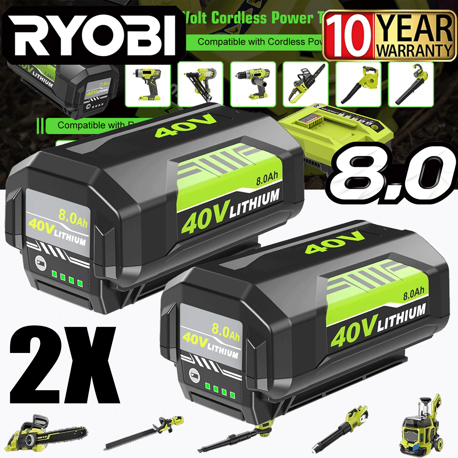 1/2PACK 8.0Ah Battery 40 Volt for Ryobi 40V Lithium-ion OP40602 Battery with LED