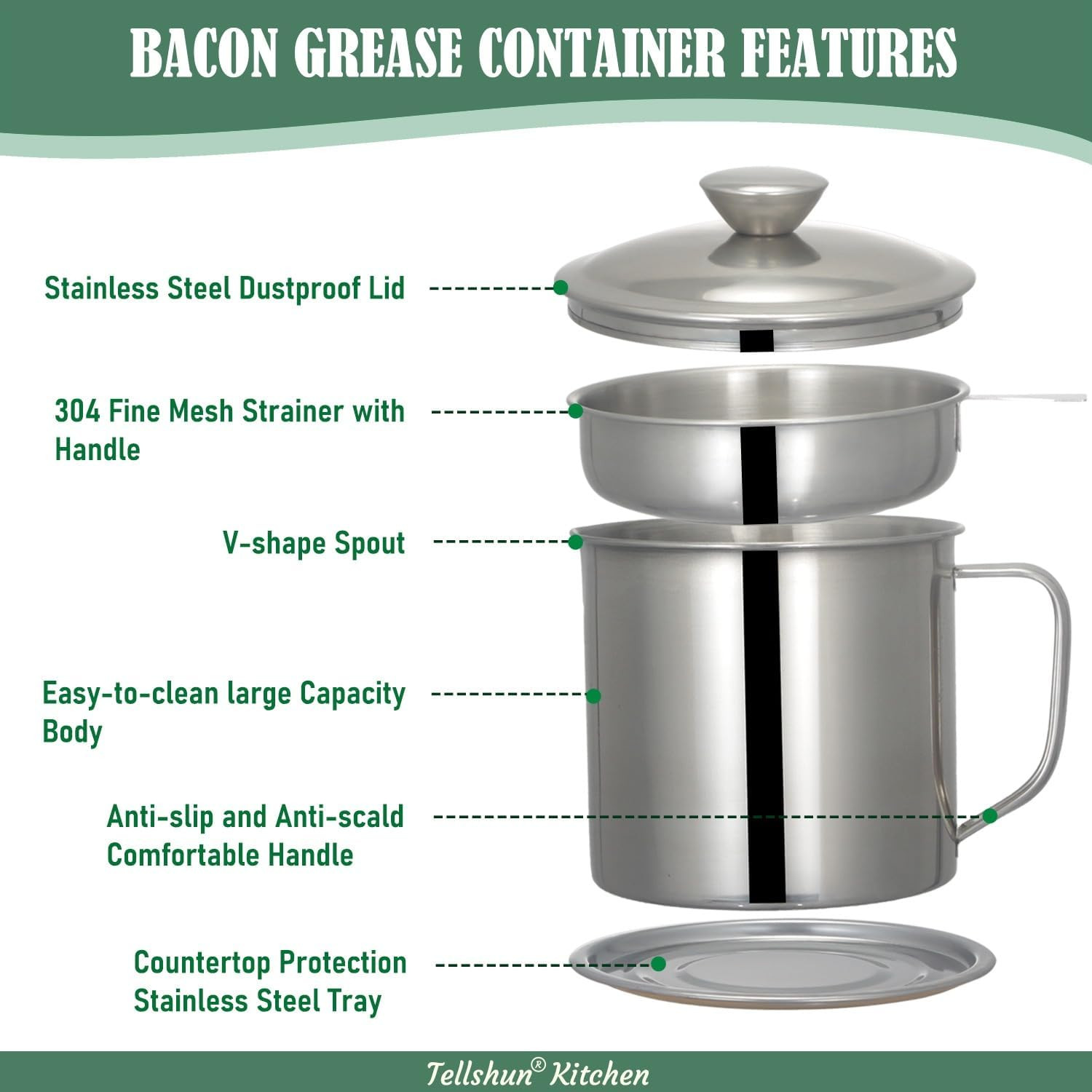 Bacon Grease Container with Strainer 1.25 L / 42 Oz Stainless Steel Cooking Oil
