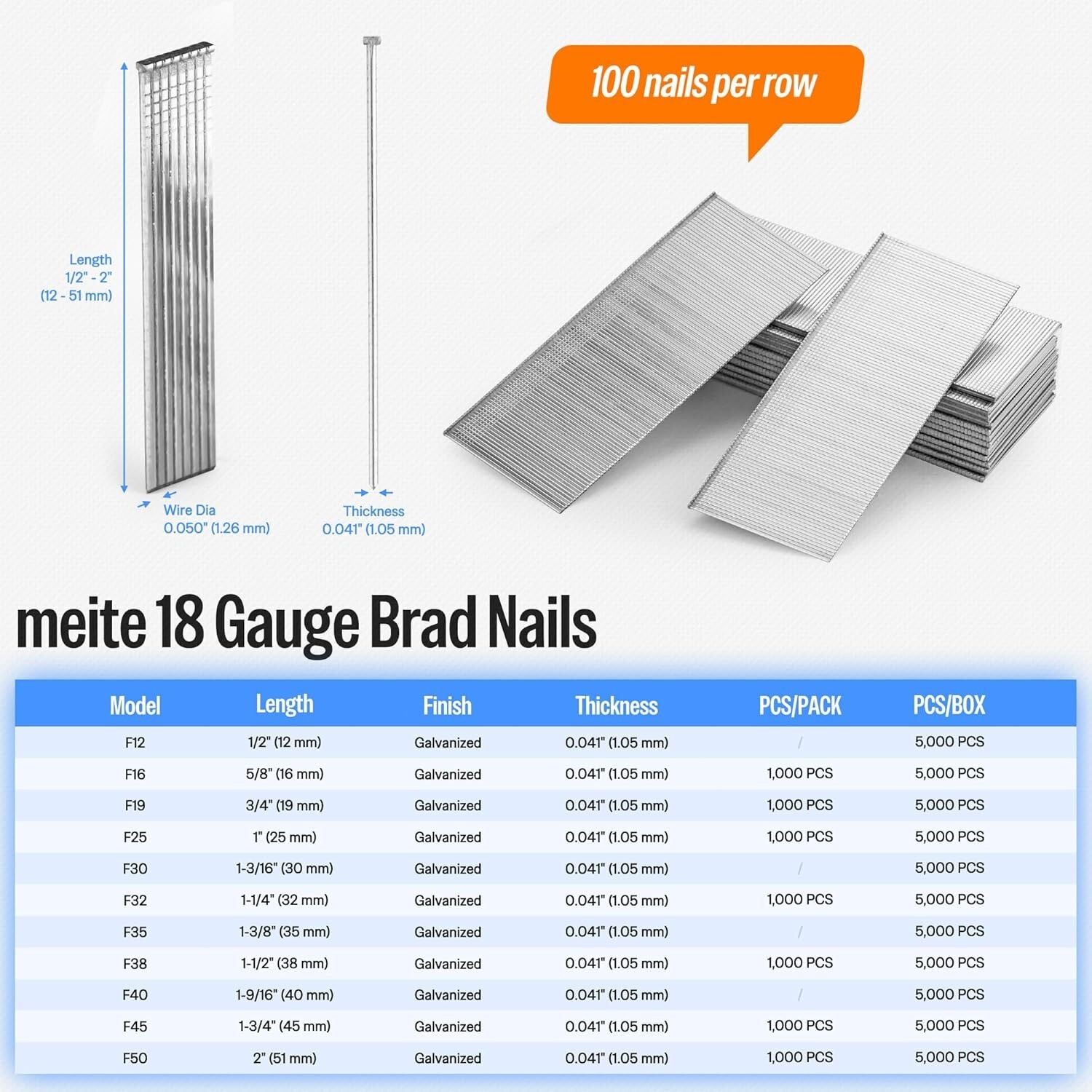 meite 18 Gauge 1-1/2 Inch Length Brad Nails Galvanized Finish Straight Nails