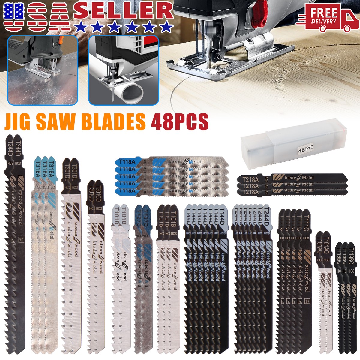 48PC Jig Saw Blades Set T-shank Assorted Wood Plastic Metal Cutting Jigsaw Blade