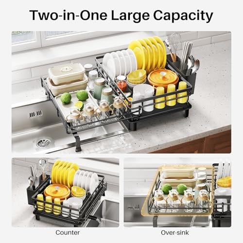 Dish Drying Rack – Extendable Dish Rack, Large Sink Drying Dish Drainer Black