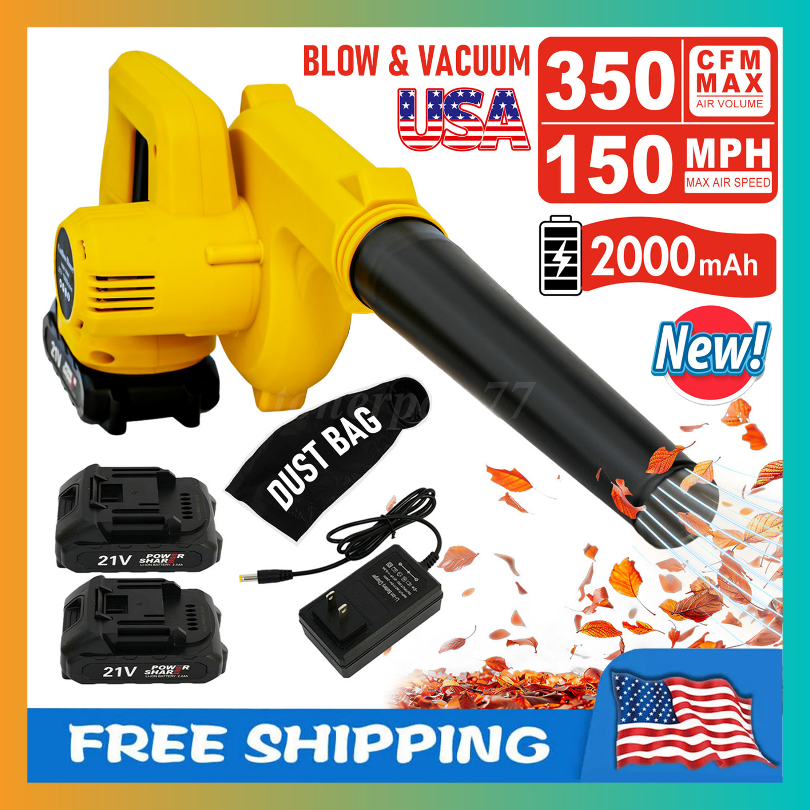 21V Cordless Leaf Blower, Portable Leaf Blower Lightweight w/2 Batteries+Charger