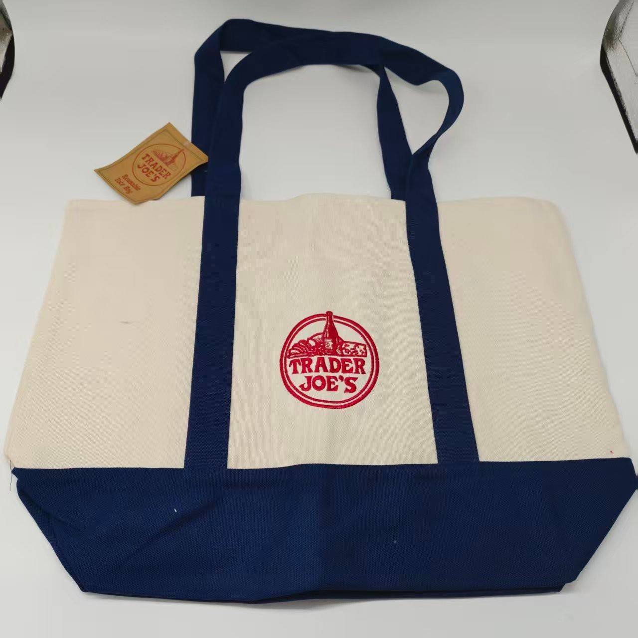 TRADER JOE’S MINI AND LARGE CANVAS BAG HEAVY COTTON REUS SHOPPING BAG NAVY BLUE