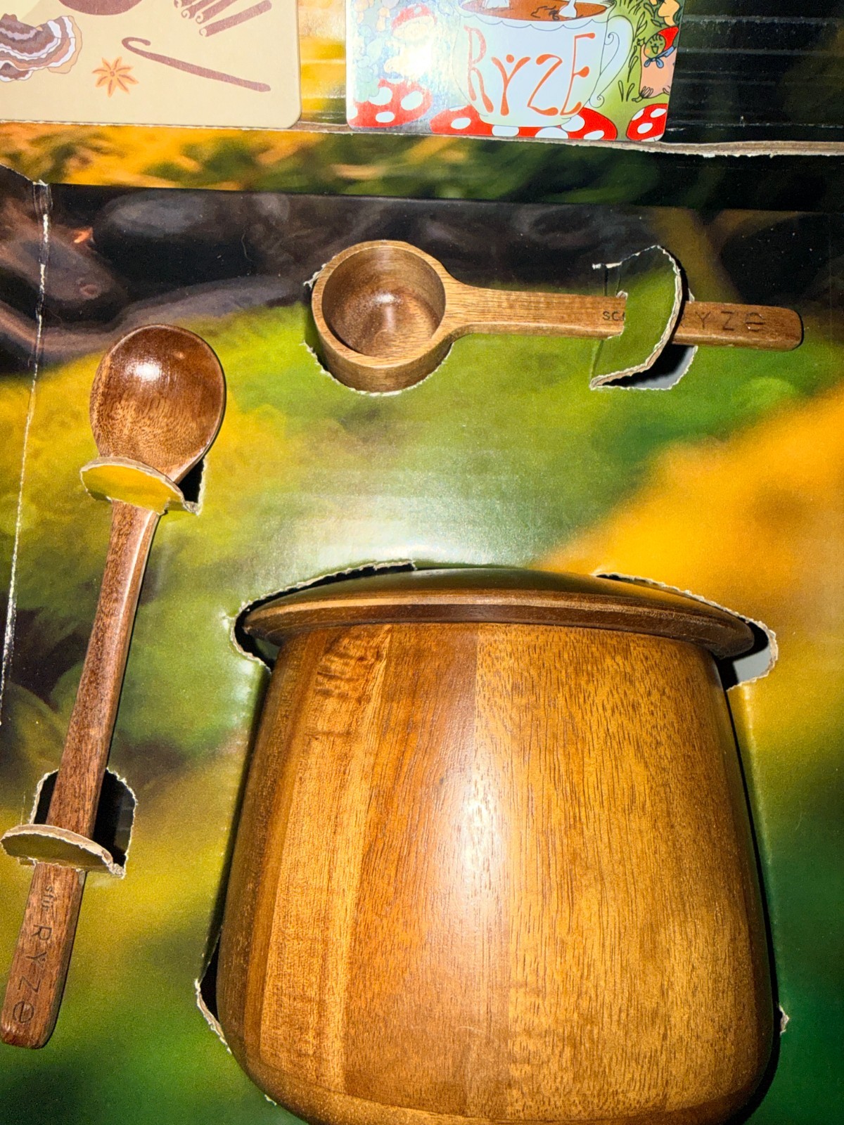 NEW Ryze Items. Regular Roast Mushroom Coffee, acacia jar, scoop, spoon, magnet+