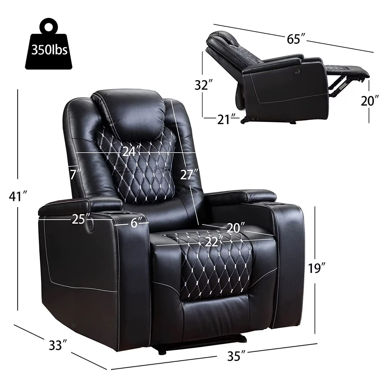 Canmov PU Leather Power Recliner Chair w/ USB Ports Cup Holders & Hidden Storage