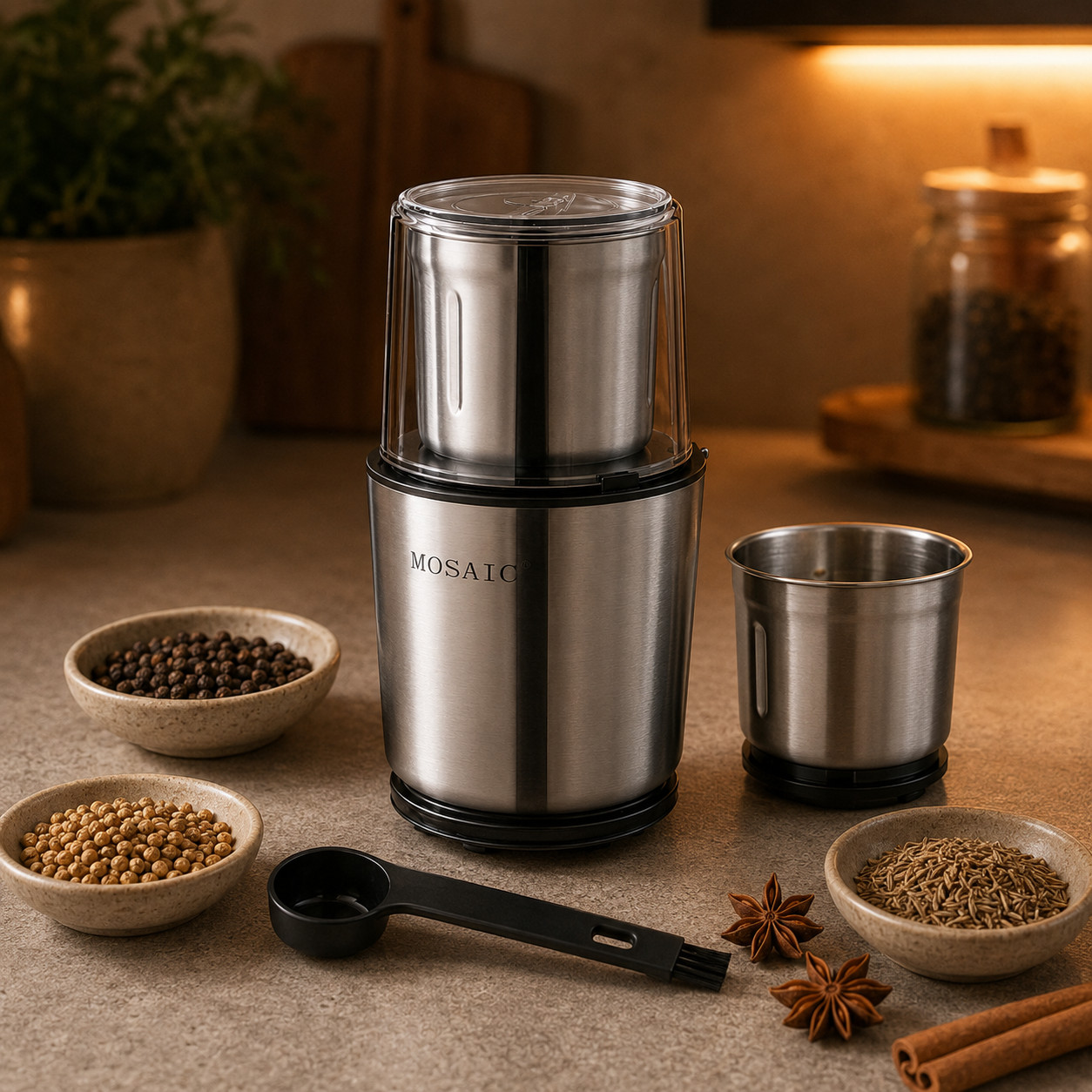 MOSAIC Electric Coffee & Spice Grinder 300W 2 Removable Cups Stainless Steel