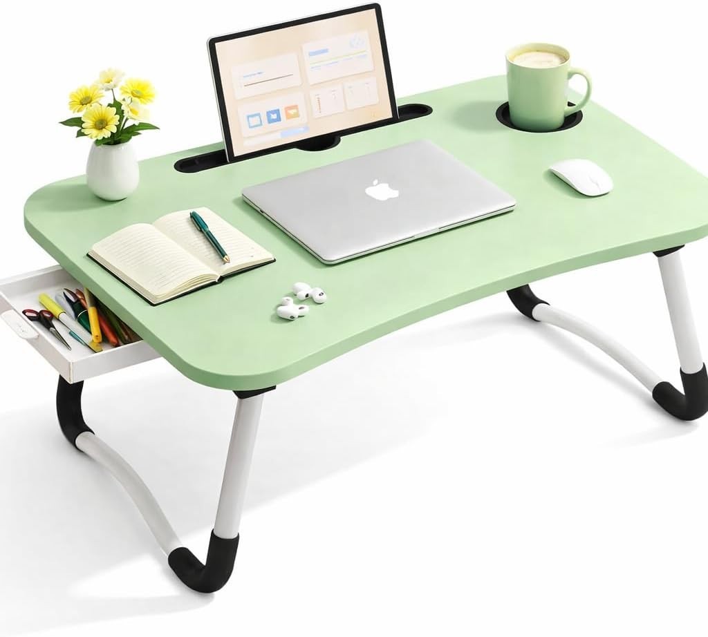 Foldable Laptop Table With Drawer – MDF Wood Desk With Cup Holder, Tablet Slot