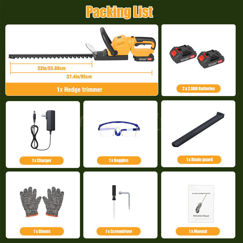 22Inch Cordless Hedge Trimmer Cordless Electric Hedge Trimmer w/2* 24V Battery
