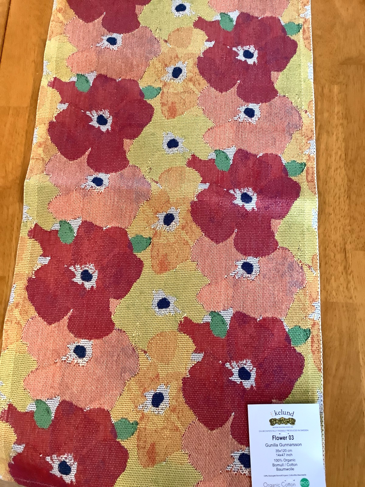 NEW EKELUND Table Runner “Flower 3″ 100% Organic Cotton 14″x47” Sweden