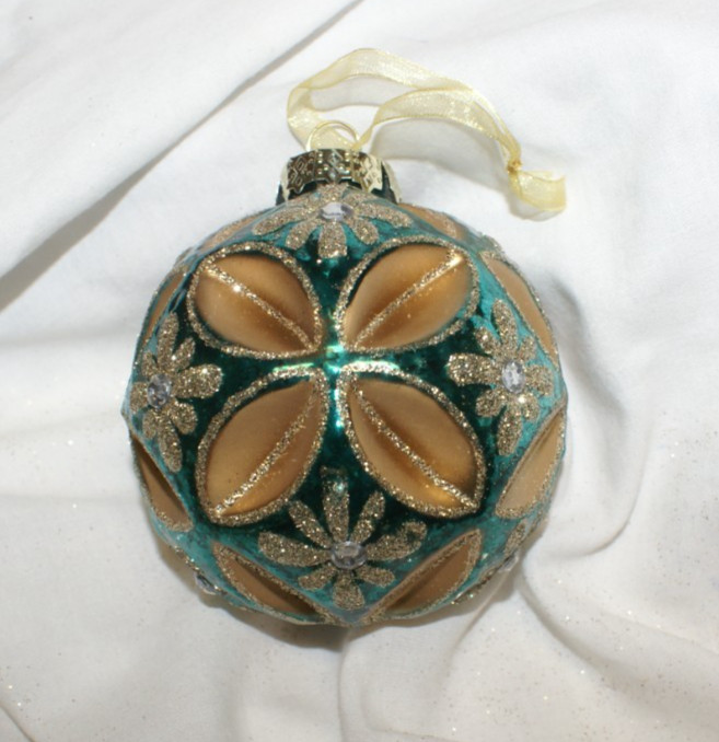 Victorian Indent Christmas Ornaments Shiny Jeweled Glittered Embellished 4″ Each