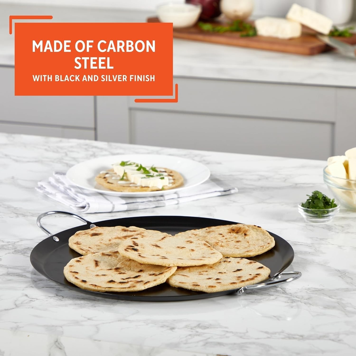 13.5in Carbon Steel Nonstick Round Comal with Metal Handles, Black | Chrome R…