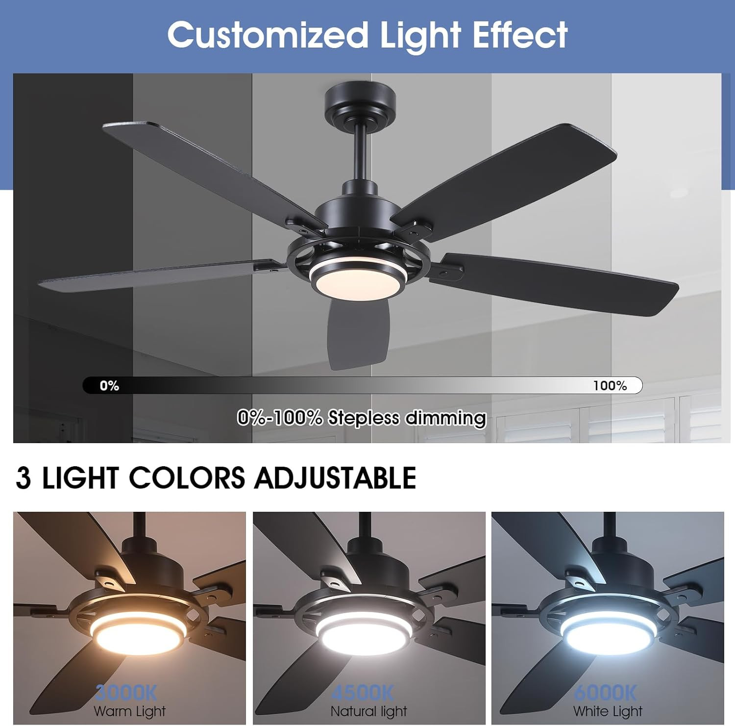 54″ Black Ceiling Fan with Lights & Remote, Quiet DC Motor, 6 Speeds