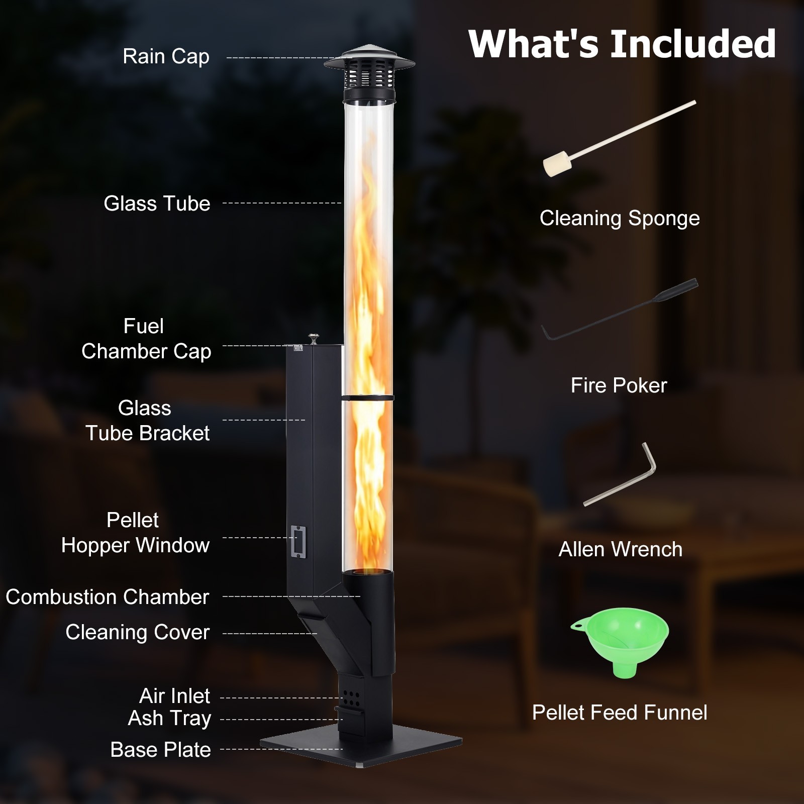 56 Inch Patio Pellet Heater Outdoor Smokeless Portable Wood Pellet Burning Flame