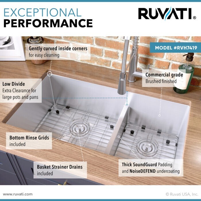 Ruvati 33″ Undermount 60/40 Double Bowl 16Gauge SS Kitchen Sink- RVH7419