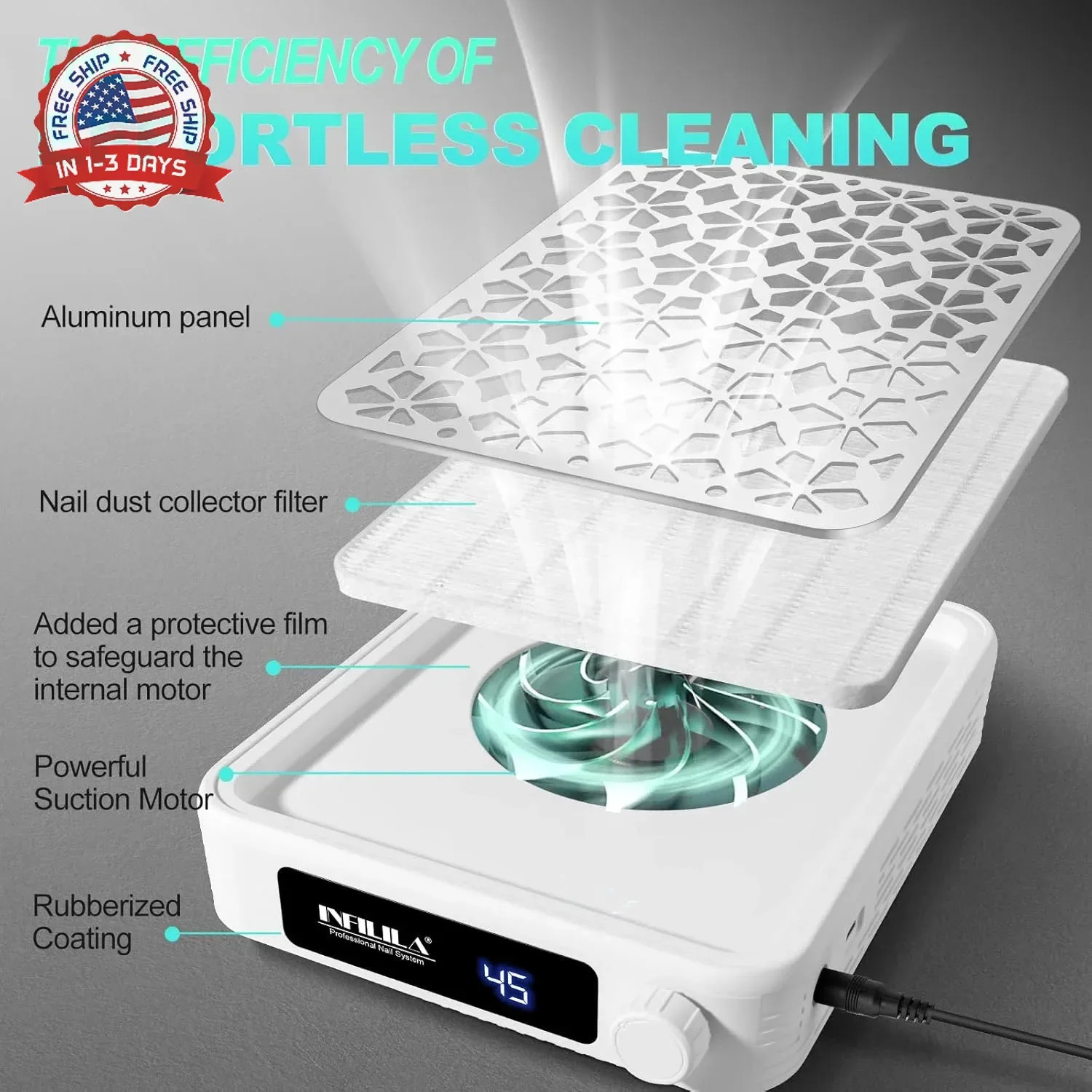Nail Dust Collector 4500RPM HEPA Filter Stepless Speed Adjustable Portable for N