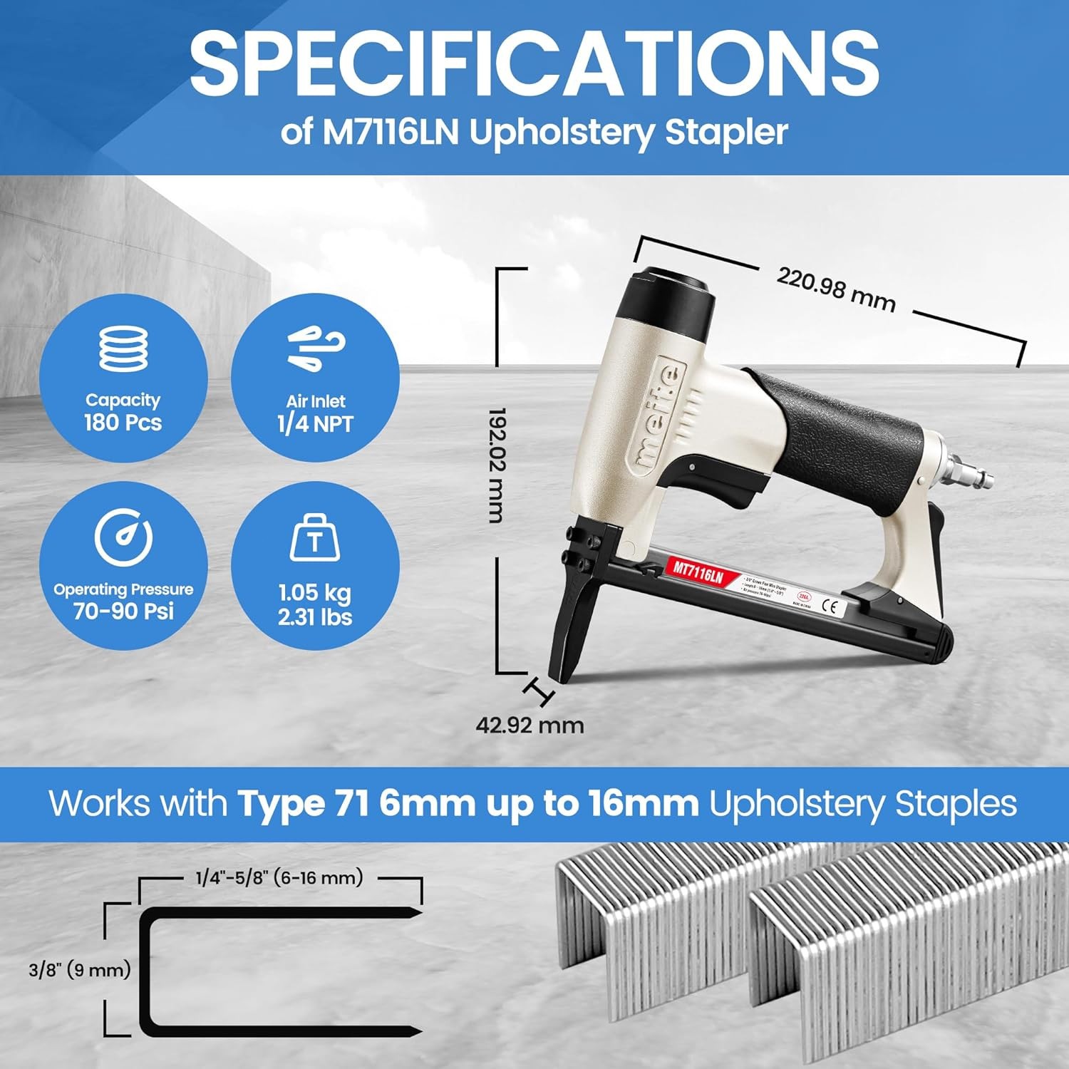 meite Pneumatic Upholstery Stapler MT7116LN Fine Wire Stapler with Long Nose