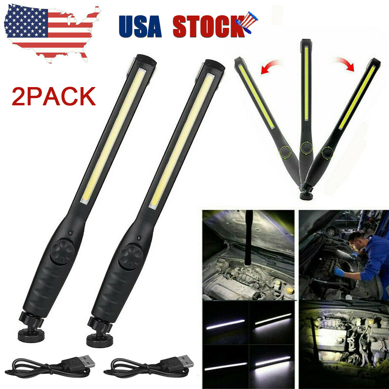 2pcs Rechargeable LED Slim Work Light Mechanic Flashlight Lamp Bar Camping Torch
