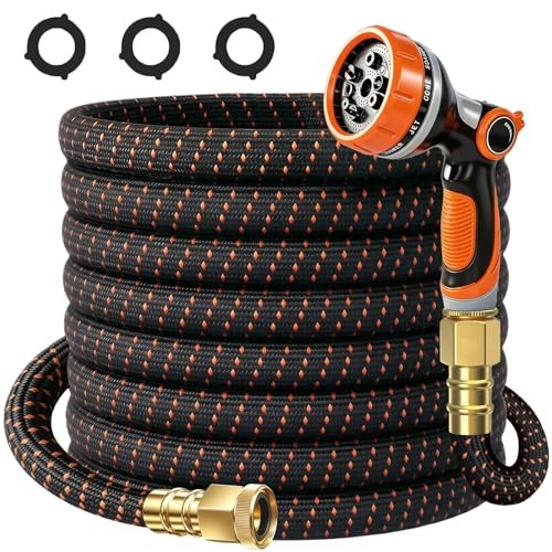 50FT Flexible Garden Hose & 10Modes Nozzle,None Expanding 50 Feet Orange-Black
