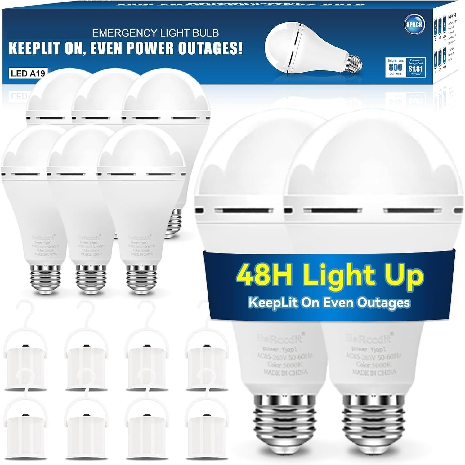 10Pack Emergency-Rechargeable-Light-Bulb,6500K LED Light Bulb with 1200 mAh,Hook