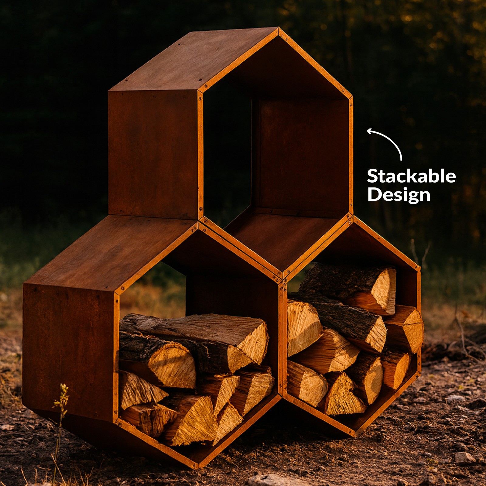 30 in Hexagon Rustic Honeycomb Firewood Log Rack – Rust by Sunnydaze