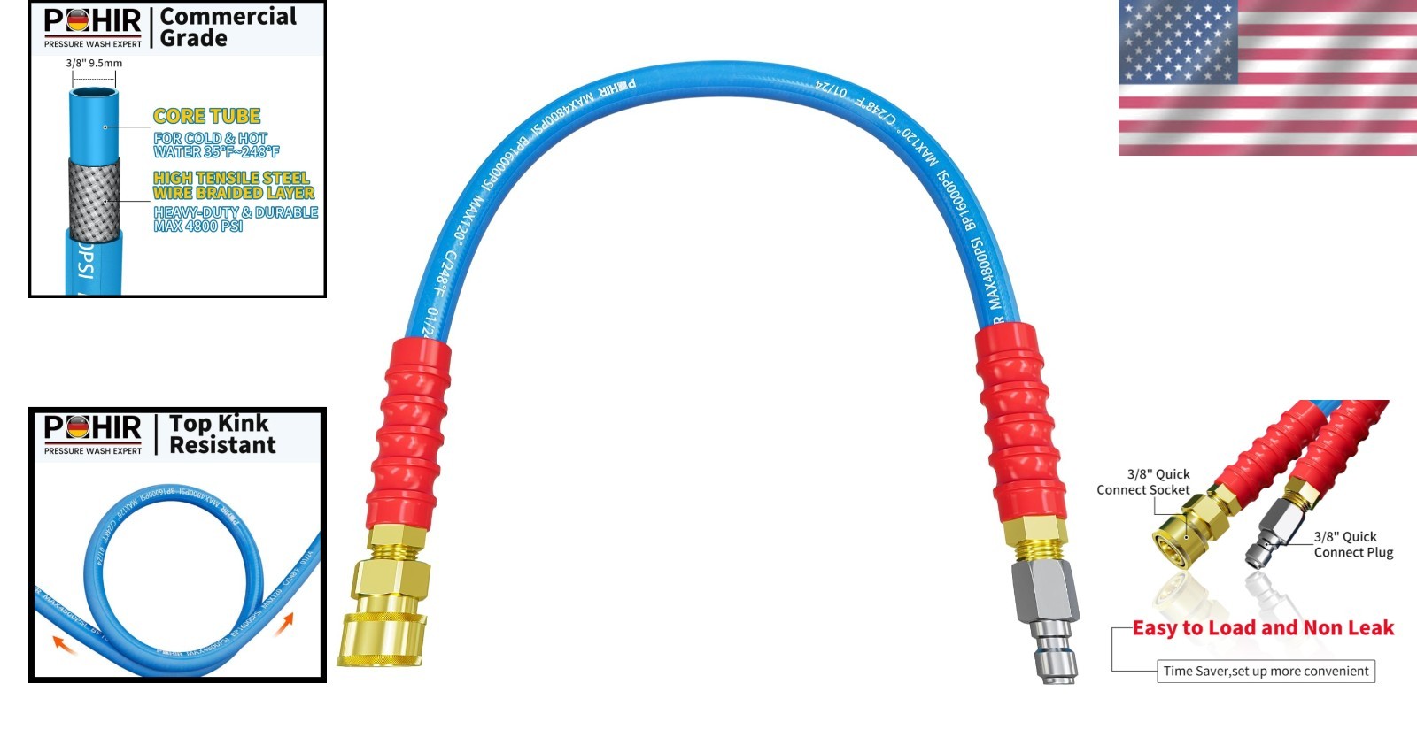 2ft Pressure Washer Hose 3/8″ | 4800 PSI with Quick Connect for Hot & Cold Water