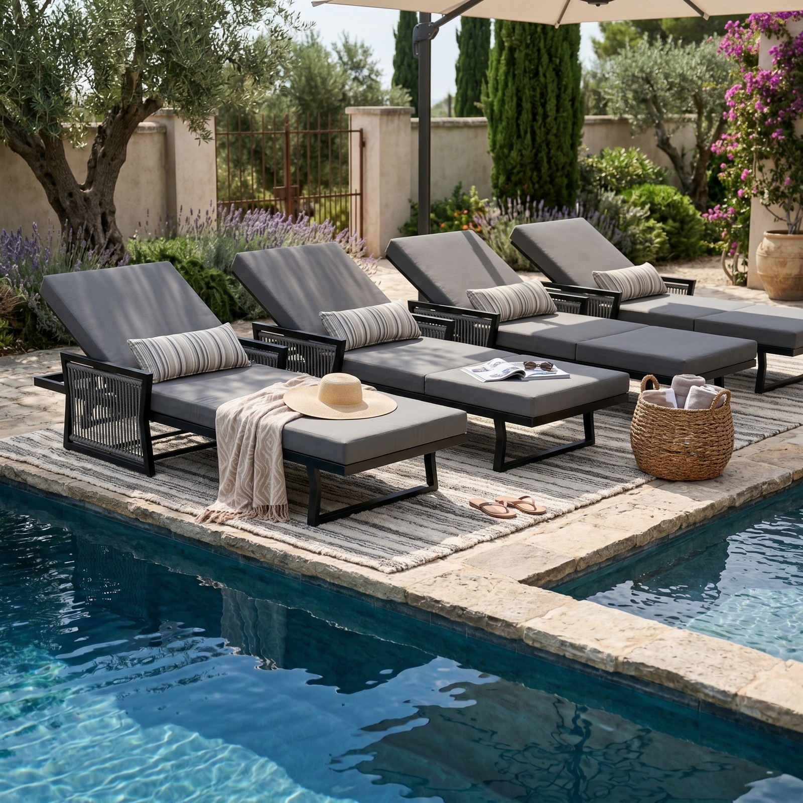 All-Black Chaise Lounge with 4″ Thick Dark Grey Cushion, 400 LBS Capacity