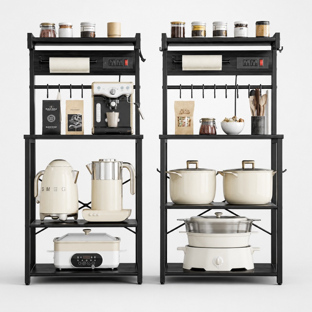KFFKFF Kitchen Bakers Rack With Power Outlet Wood Metal 23.6″ New